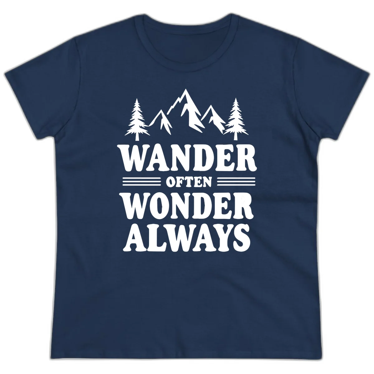 White mountain and evergreen tree illustration with 'Wander Often Wonder Always' text on gray background in Navy