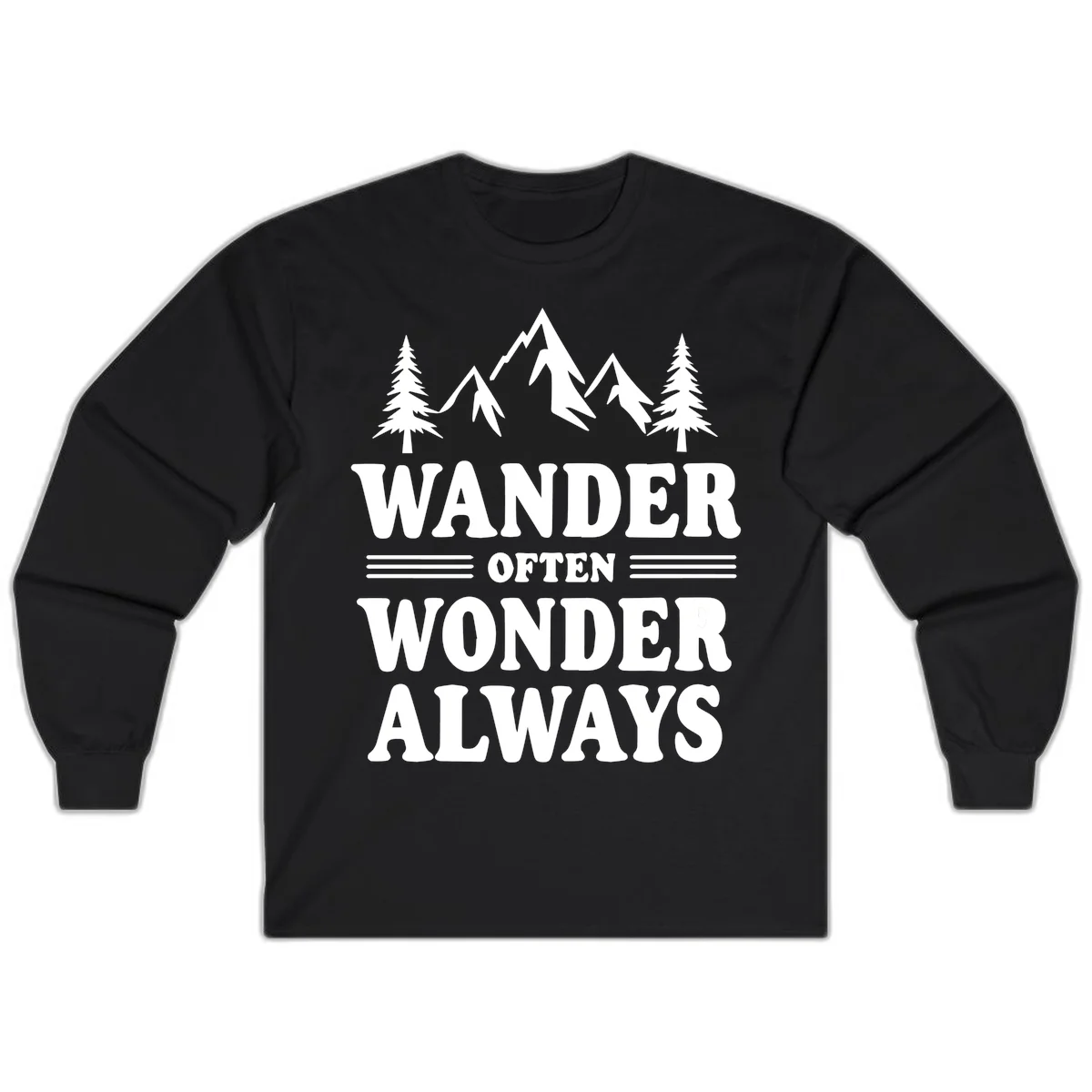 White mountain and evergreen tree illustration with 'Wander Often Wonder Always' text on gray background in Black