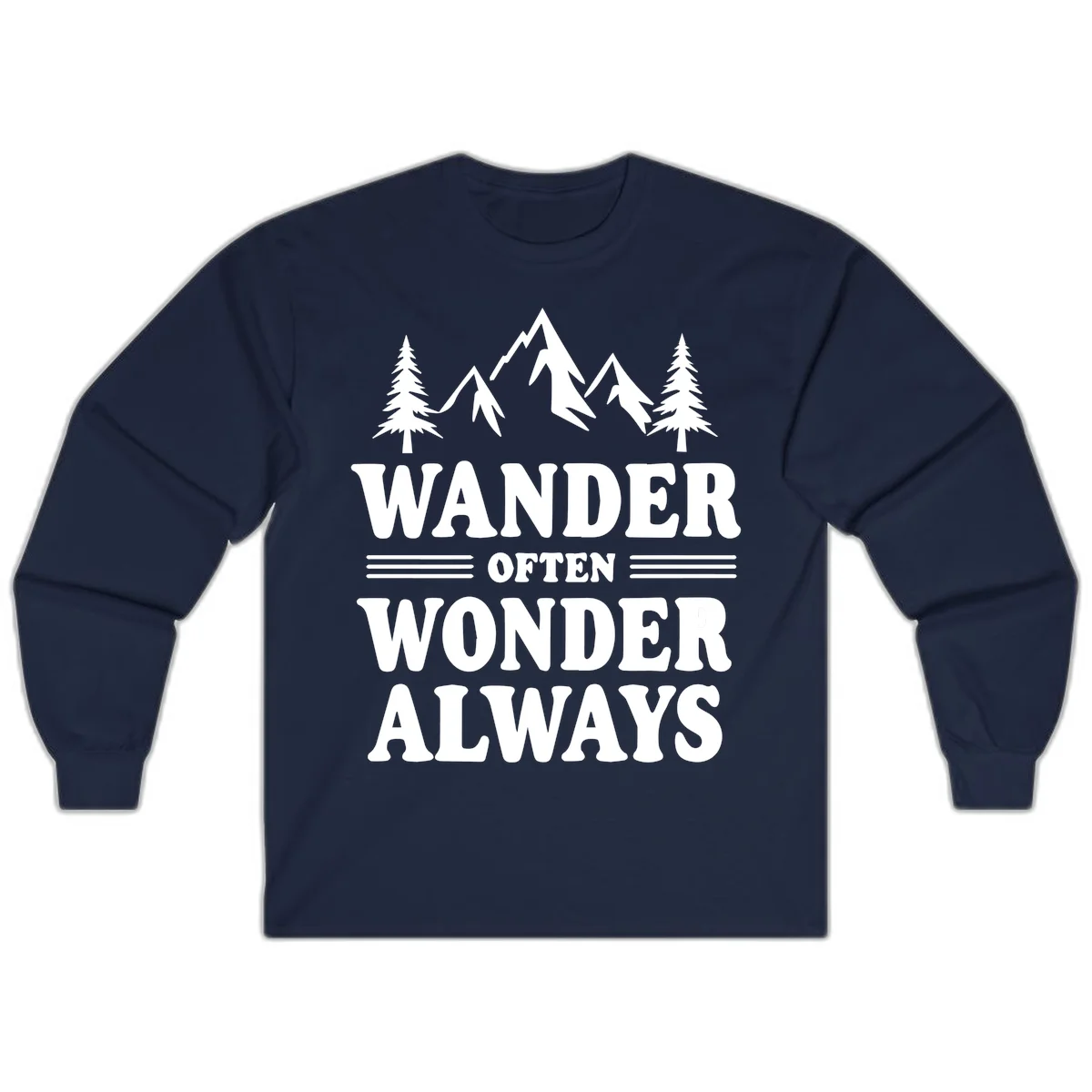 White mountain and evergreen tree illustration with 'Wander Often Wonder Always' text on gray background in Navy