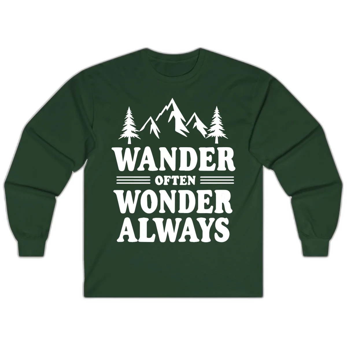 White mountain and evergreen tree illustration with 'Wander Often Wonder Always' text on gray background in Forest Green