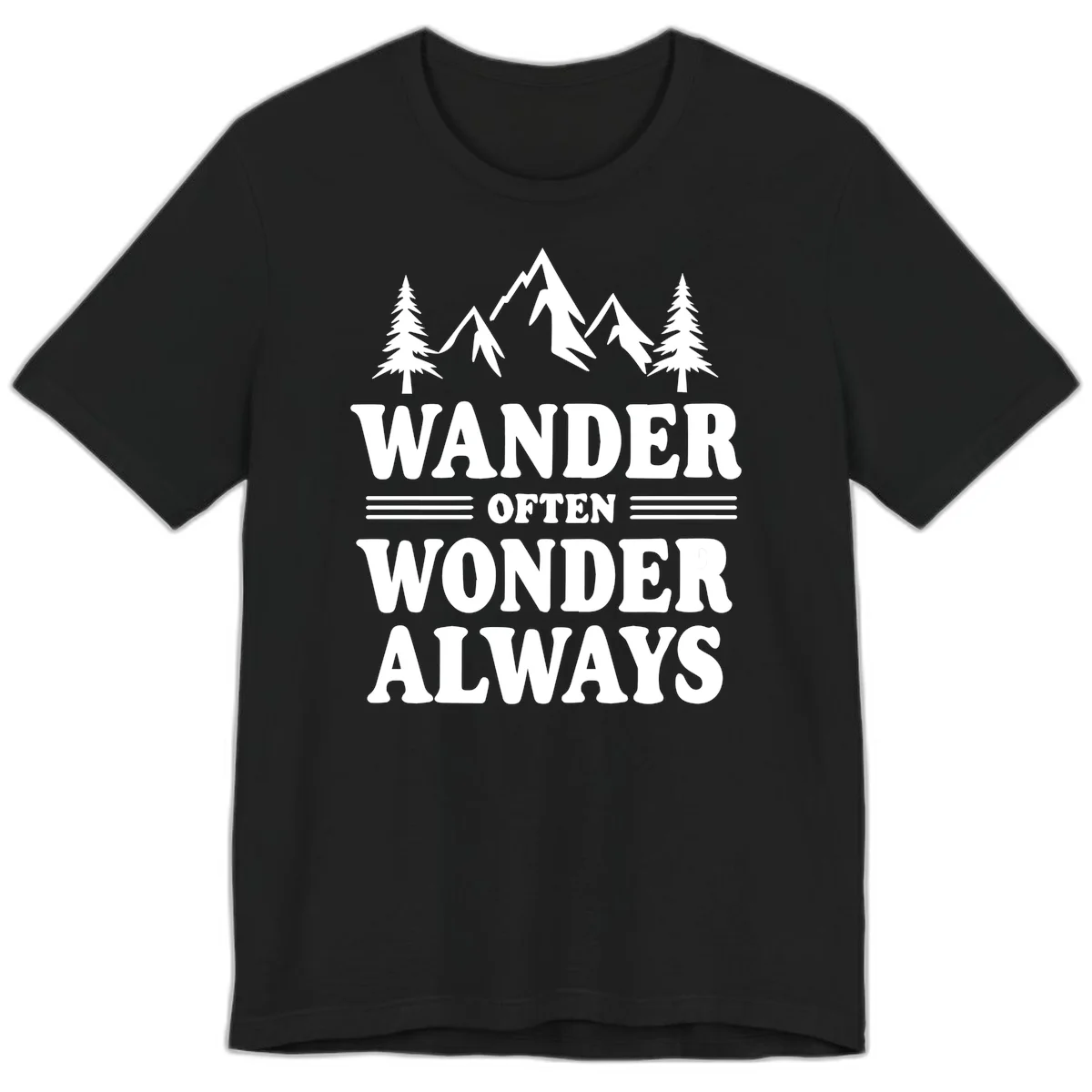 White mountain and evergreen tree illustration with 'Wander Often Wonder Always' text on gray background in Black