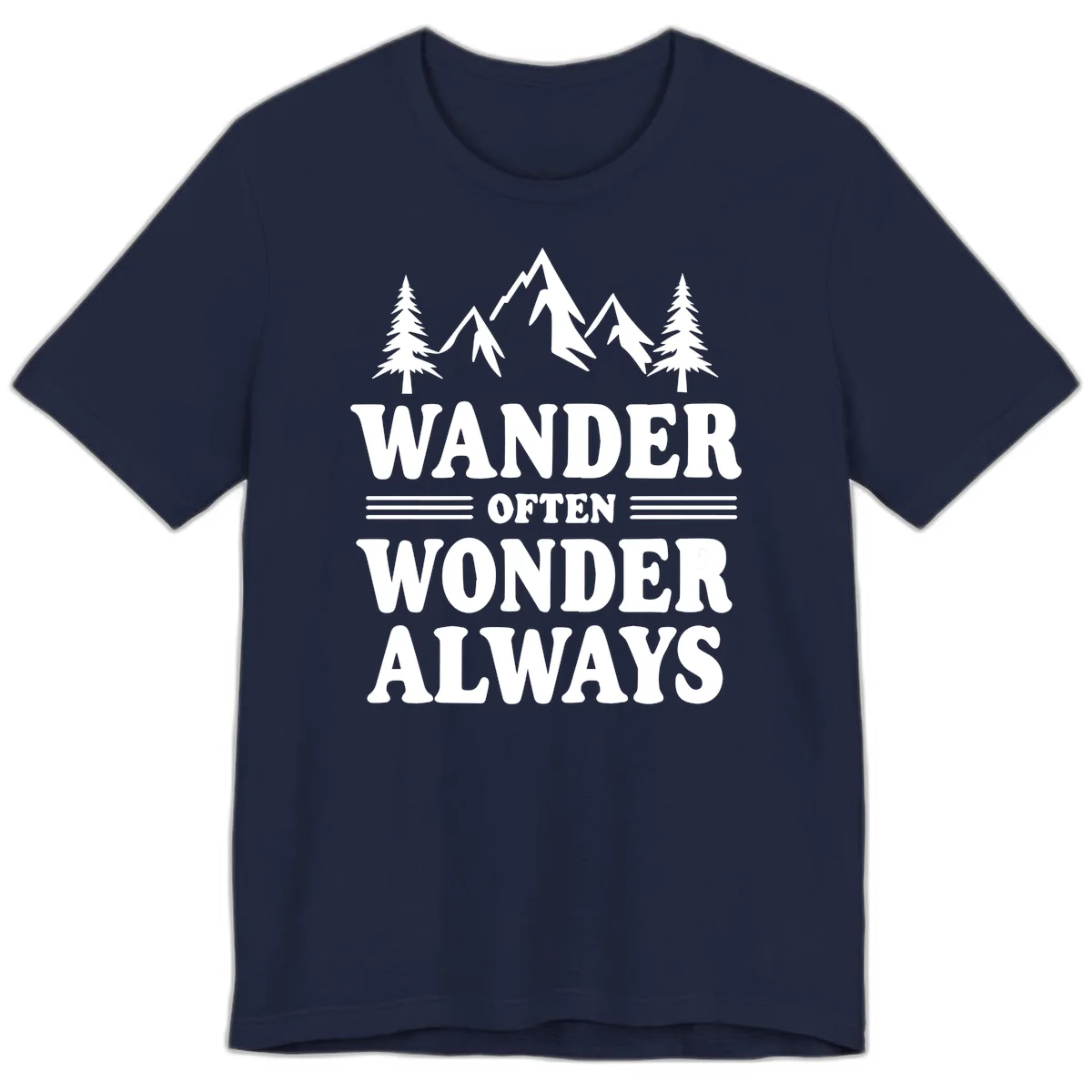 White mountain and evergreen tree illustration with 'Wander Often Wonder Always' text on gray background in Navy