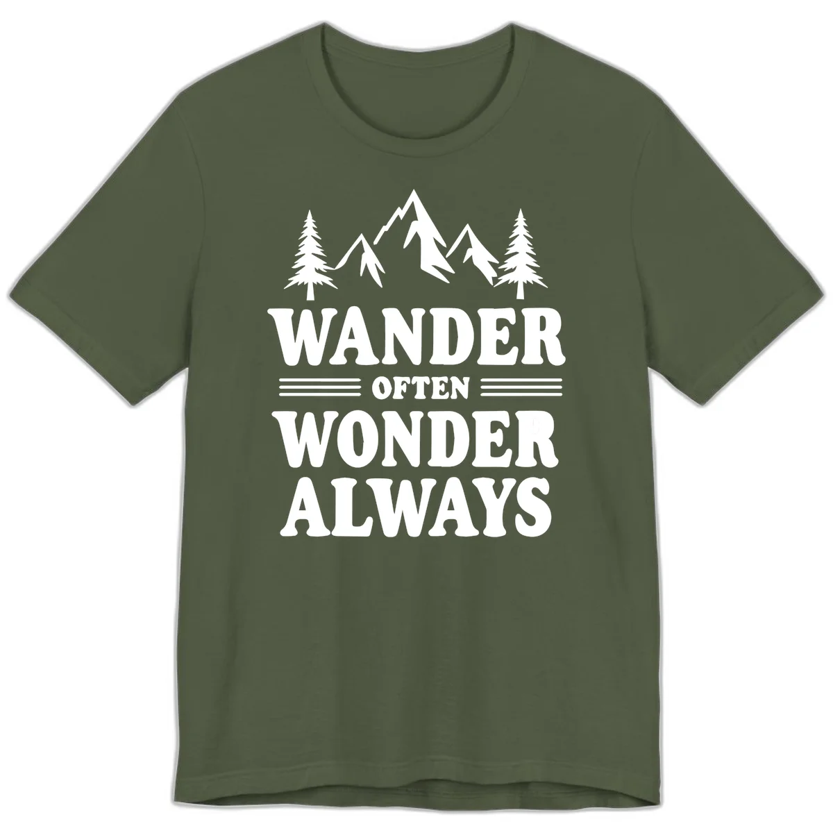 White mountain and evergreen tree illustration with 'Wander Often Wonder Always' text on gray background in Military Green