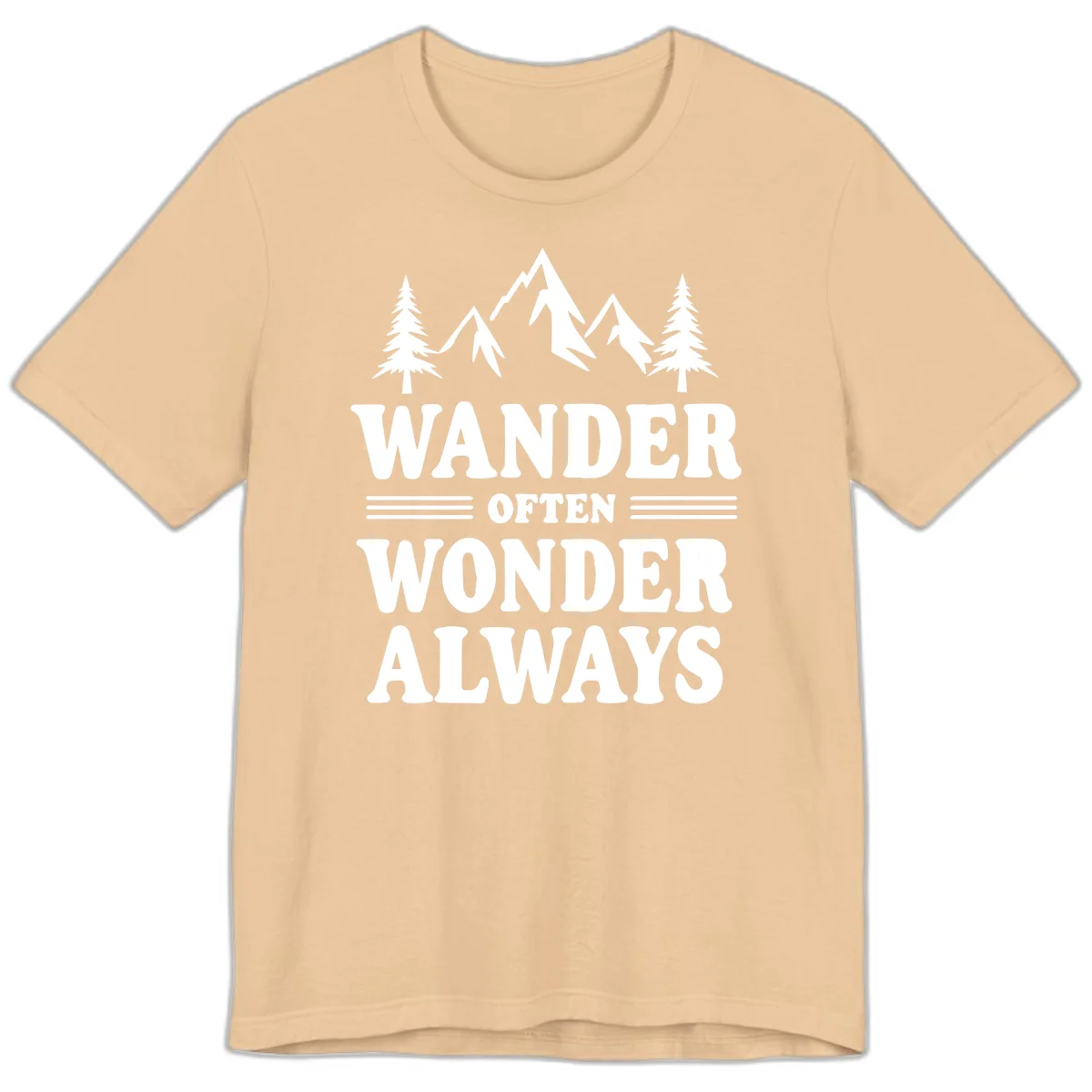 White mountain and evergreen tree illustration with 'Wander Often Wonder Always' text on gray background in Sand Dune
