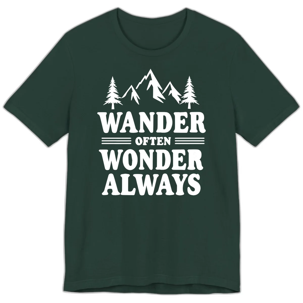 White mountain and evergreen tree illustration with 'Wander Often Wonder Always' text on gray background in Forest