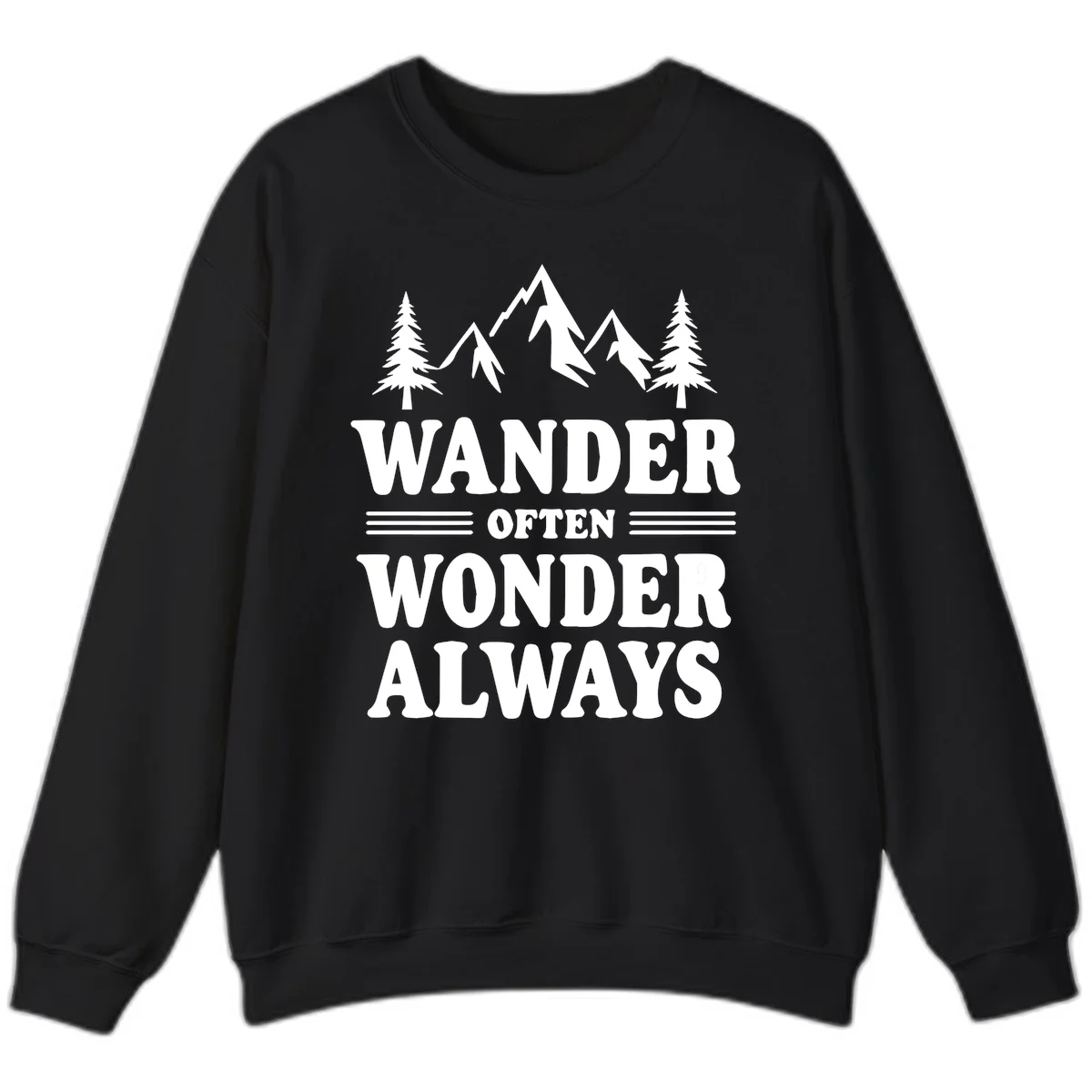White mountain and evergreen tree illustration with 'Wander Often Wonder Always' text on gray background in Black