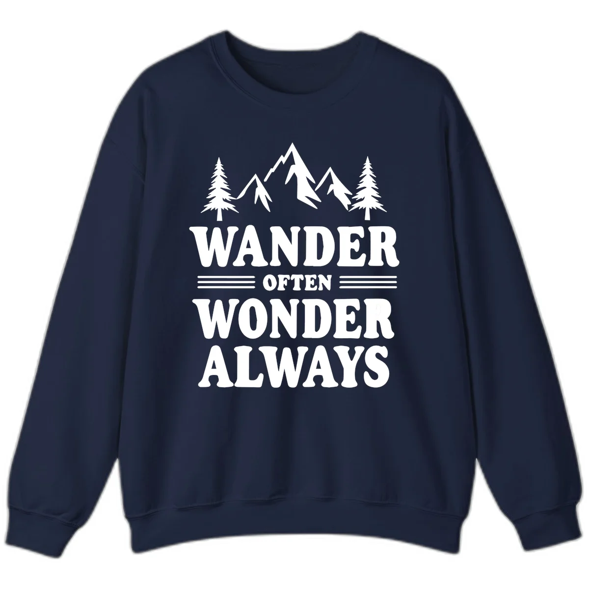 White mountain and evergreen tree illustration with 'Wander Often Wonder Always' text on gray background in Navy