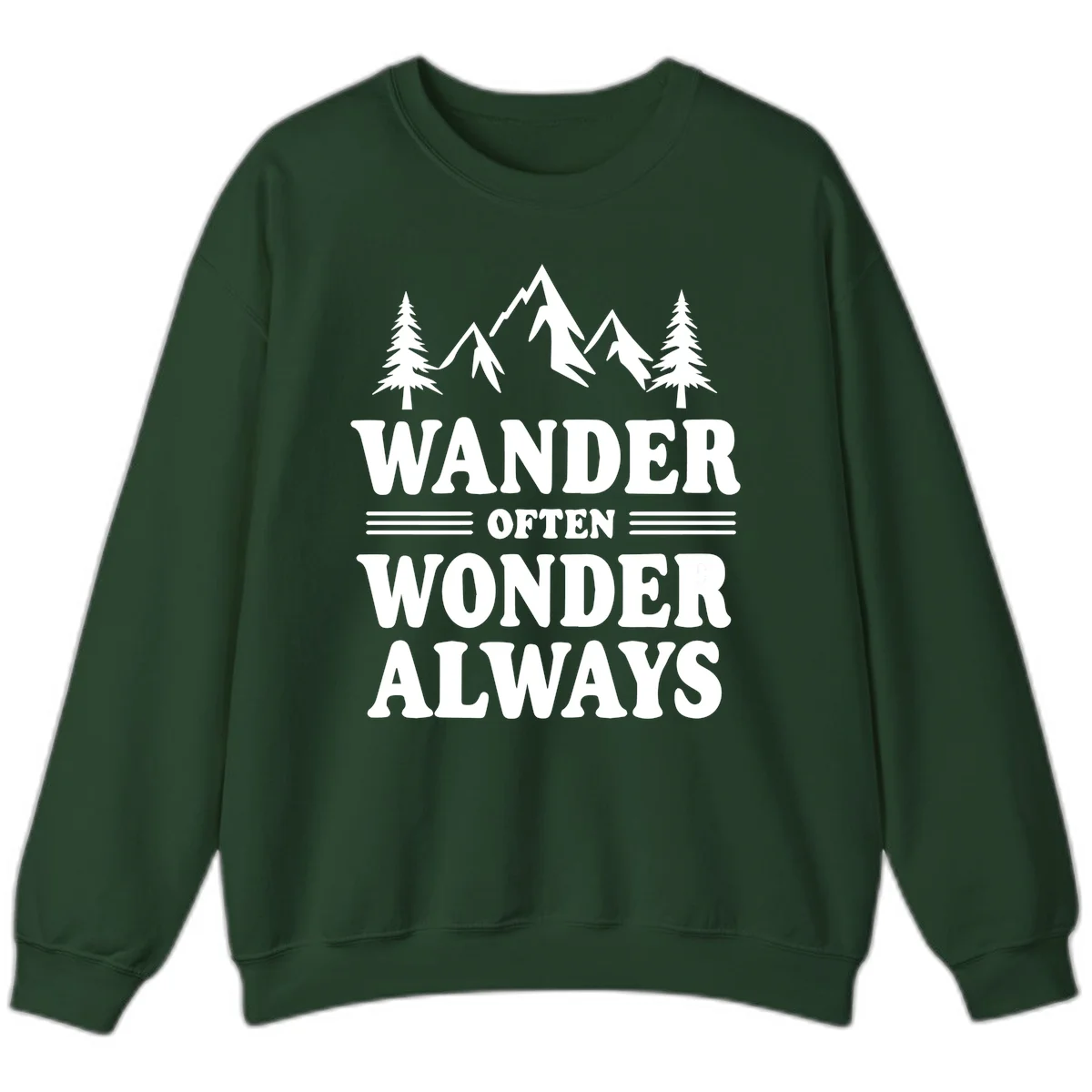 White mountain and evergreen tree illustration with 'Wander Often Wonder Always' text on gray background in Forest Green