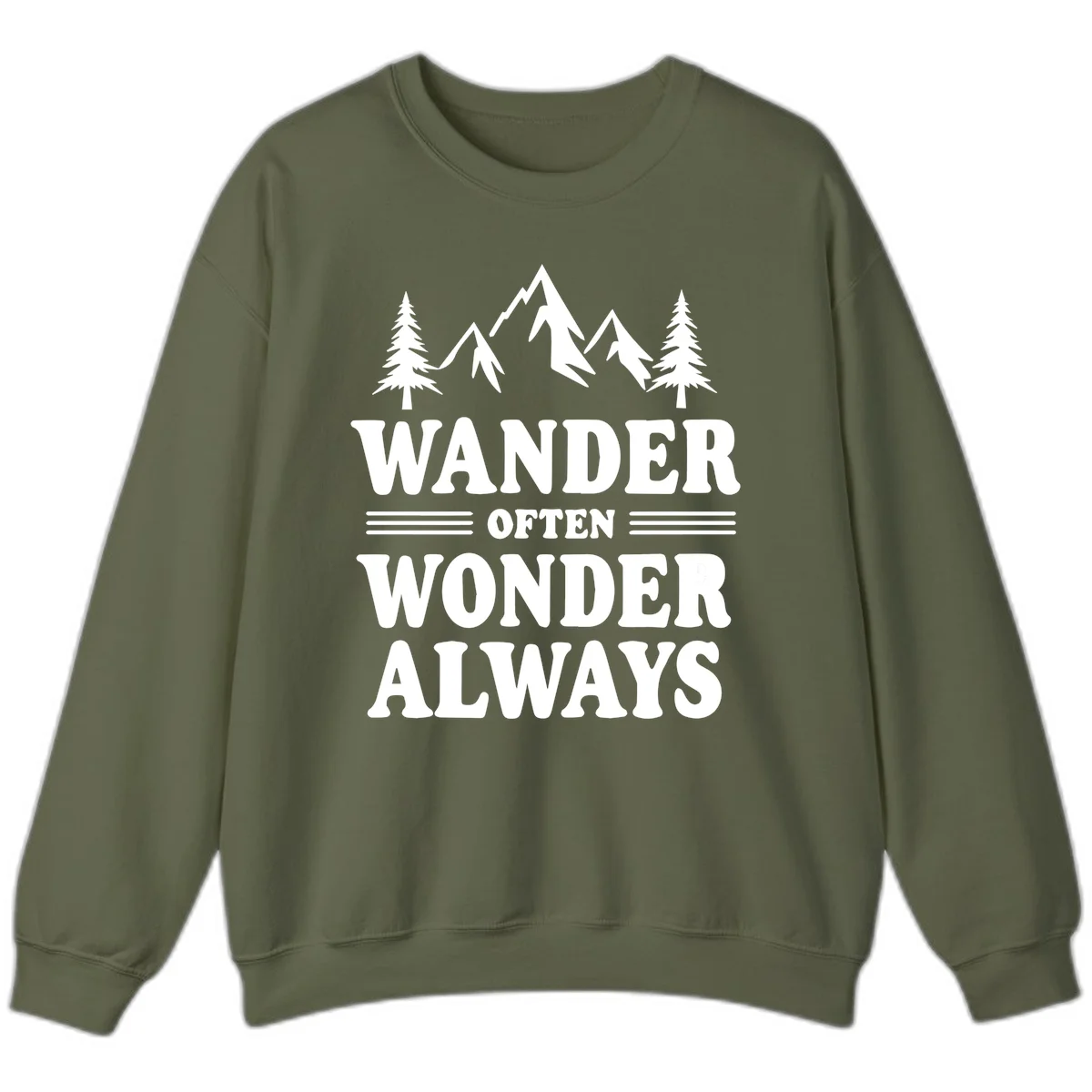 White mountain and evergreen tree illustration with 'Wander Often Wonder Always' text on gray background in Military Green