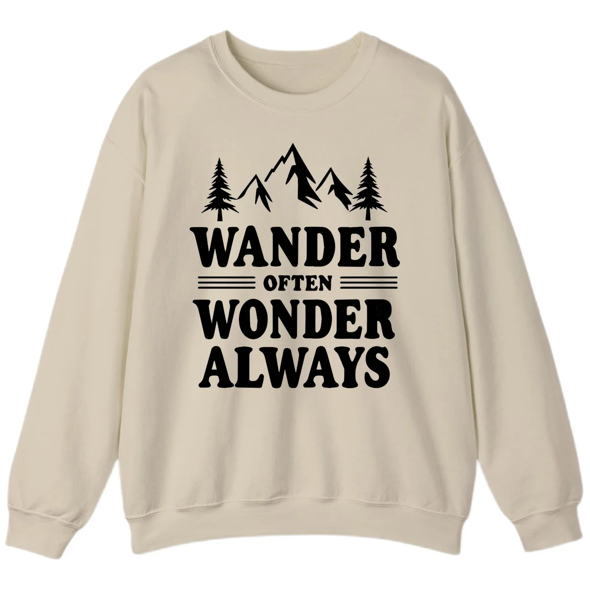 White mountain and evergreen tree illustration with 'Wander Often Wonder Always' text on gray background in Sand