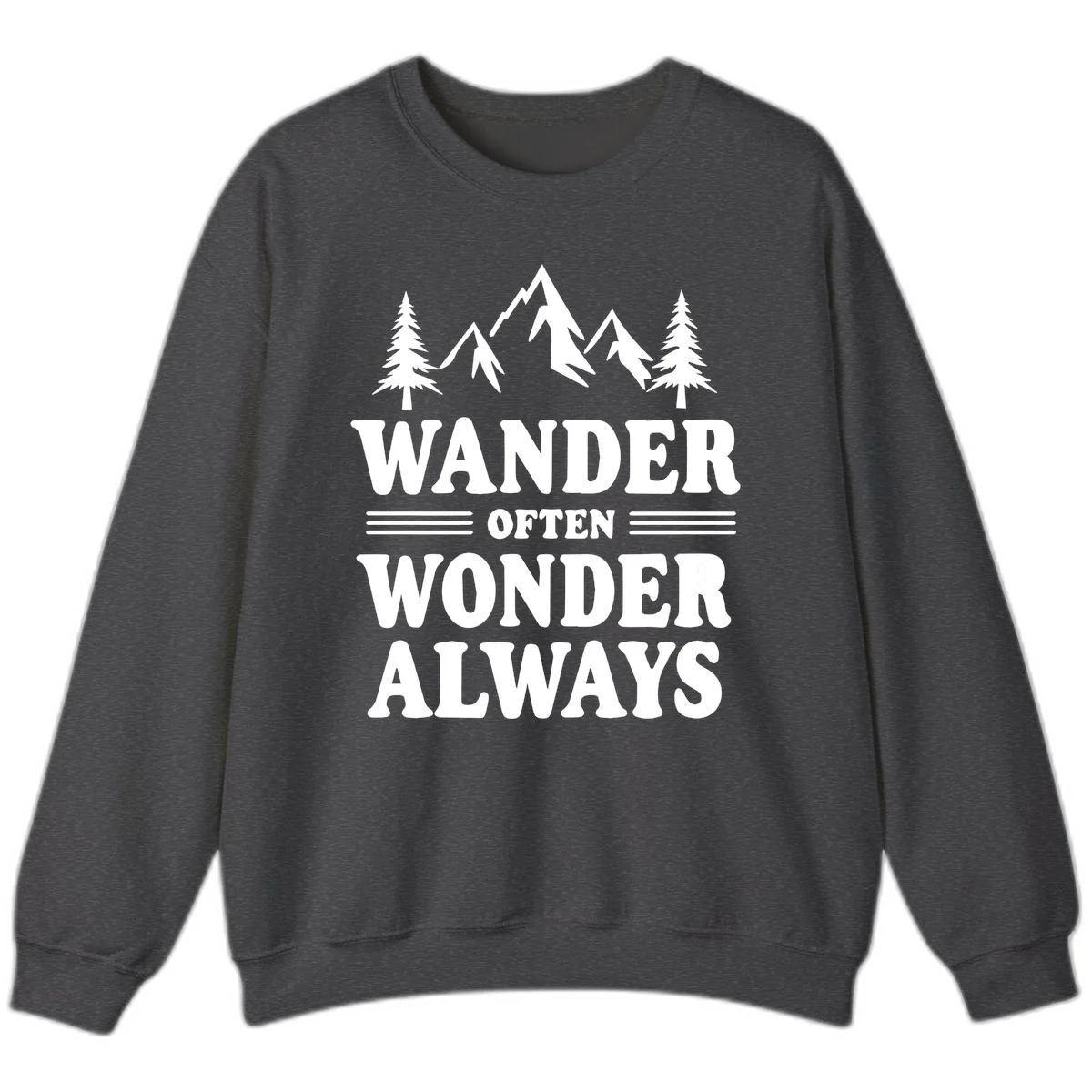 White mountain and evergreen tree illustration with 'Wander Often Wonder Always' text on gray background in Dark Heather