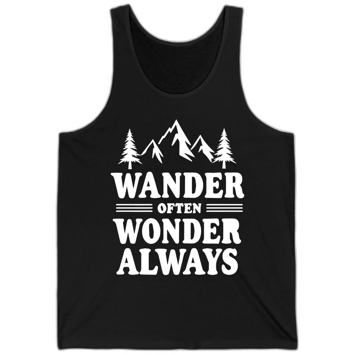 White mountain and evergreen tree illustration with 'Wander Often Wonder Always' text on gray background in Black