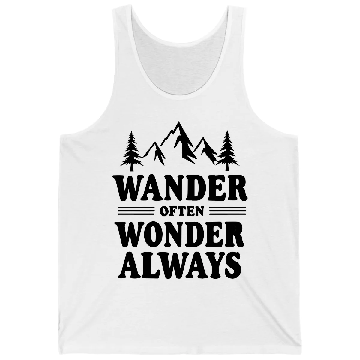 White mountain and evergreen tree illustration with 'Wander Often Wonder Always' text on gray background in White