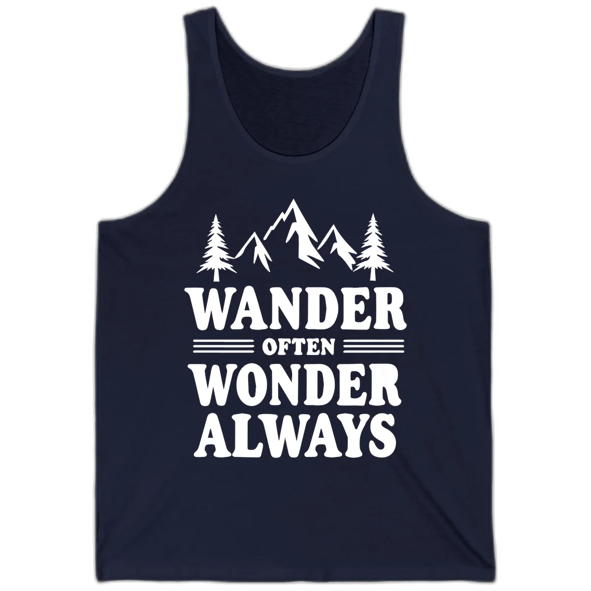 White mountain and evergreen tree illustration with 'Wander Often Wonder Always' text on gray background in Navy