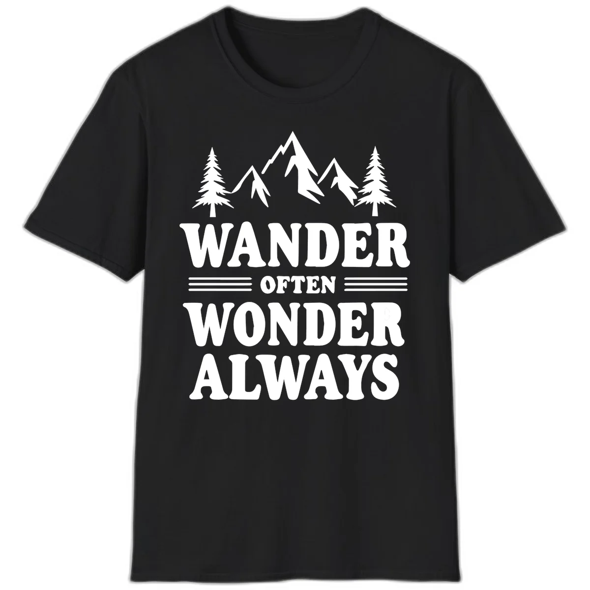White mountain and evergreen tree illustration with 'Wander Often Wonder Always' text on gray background in Black