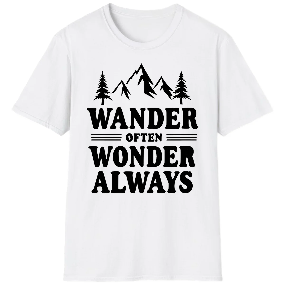 White mountain and evergreen tree illustration with 'Wander Often Wonder Always' text on gray background in White