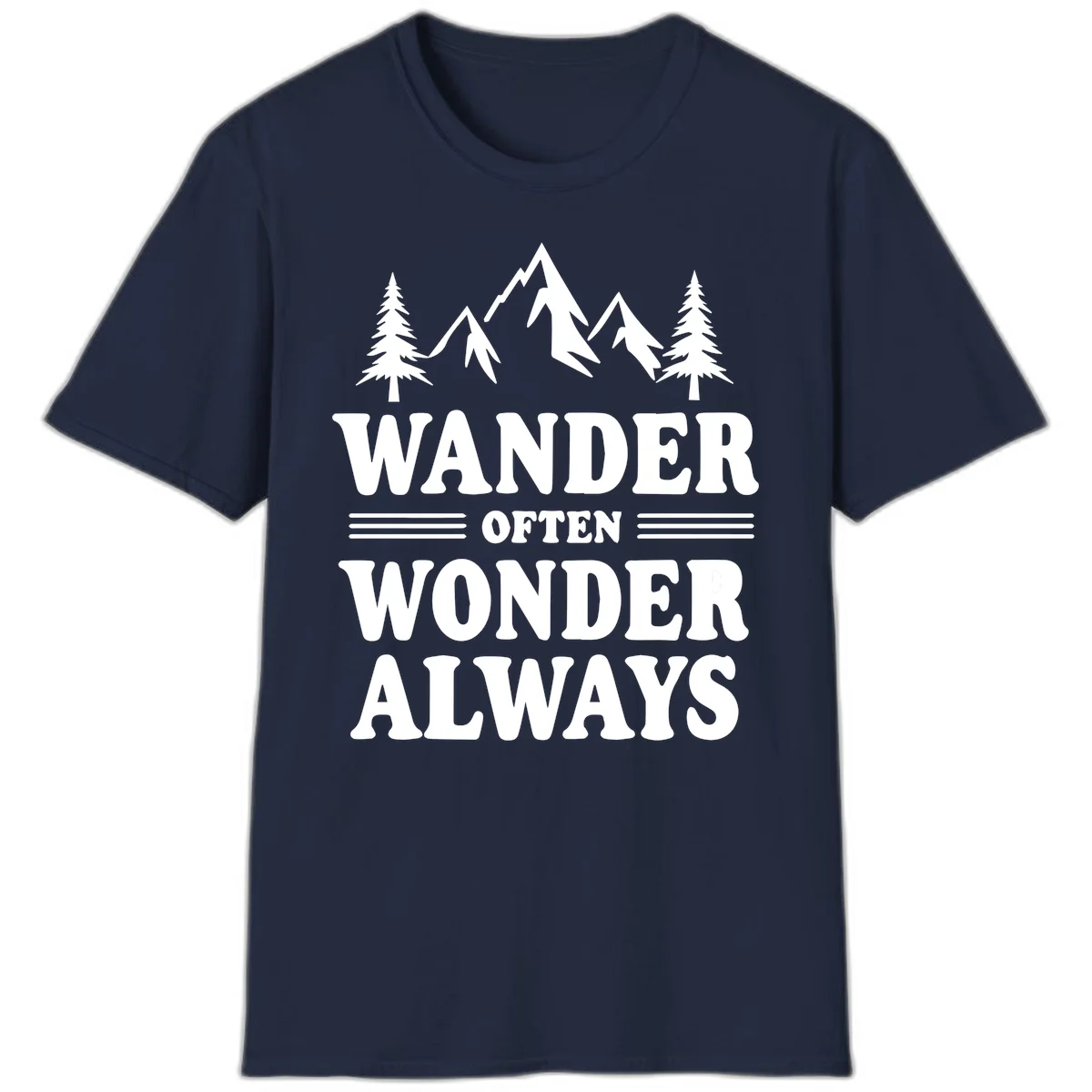 White mountain and evergreen tree illustration with 'Wander Often Wonder Always' text on gray background in Navy
