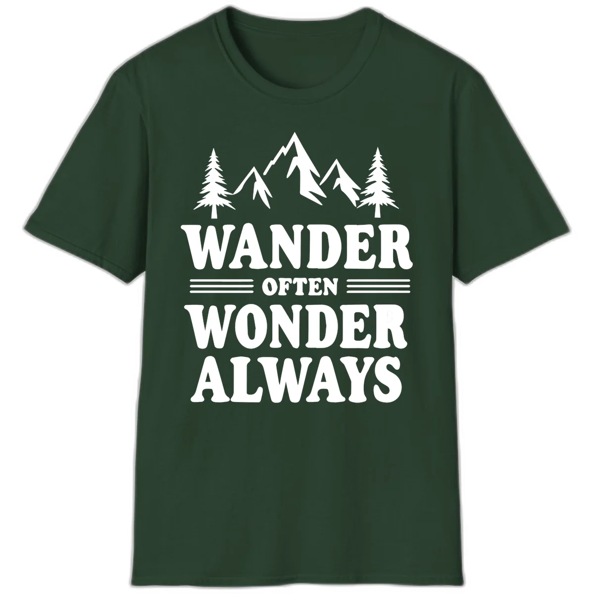 White mountain and evergreen tree illustration with 'Wander Often Wonder Always' text on gray background in Forest Green