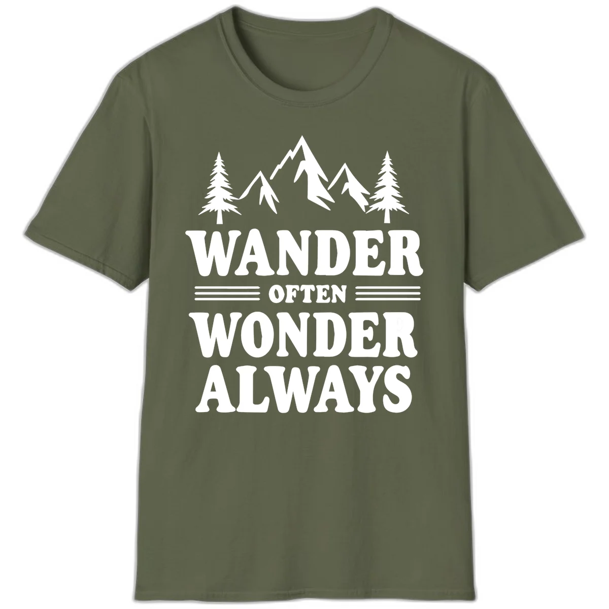 White mountain and evergreen tree illustration with 'Wander Often Wonder Always' text on gray background in Military Green
