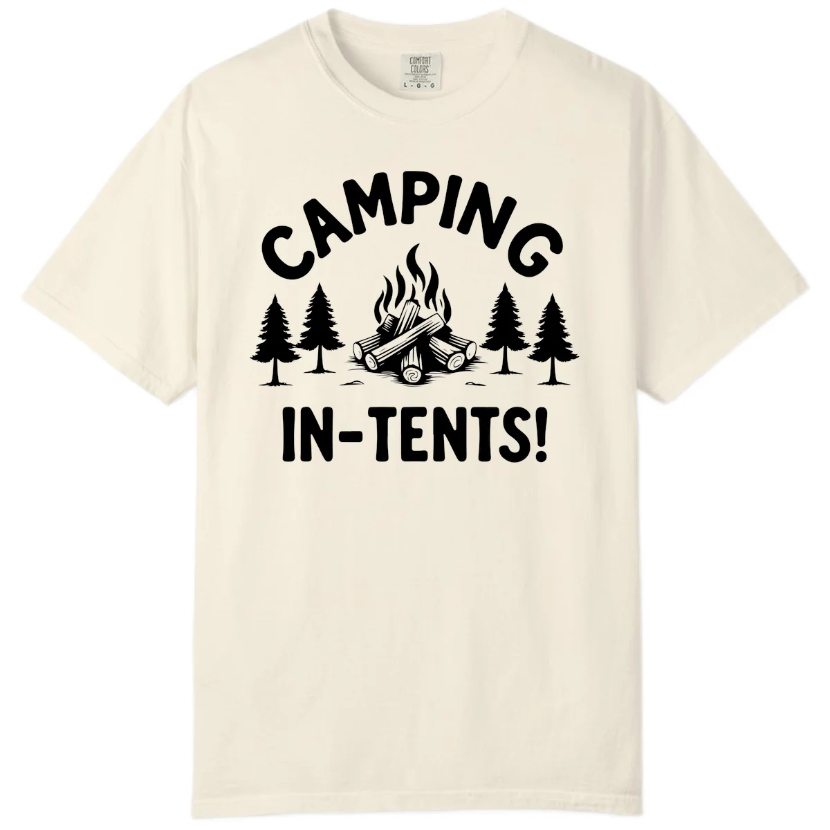 Camping in tents pun design with campfire, logs, and evergreen trees on gray background in Ivory