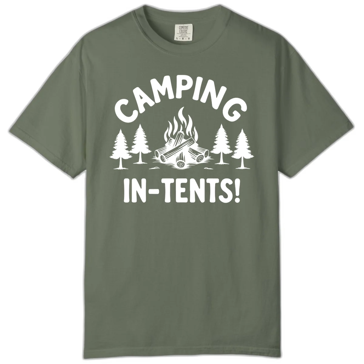 Camping in tents pun design with campfire, logs, and evergreen trees on gray background in Moss
