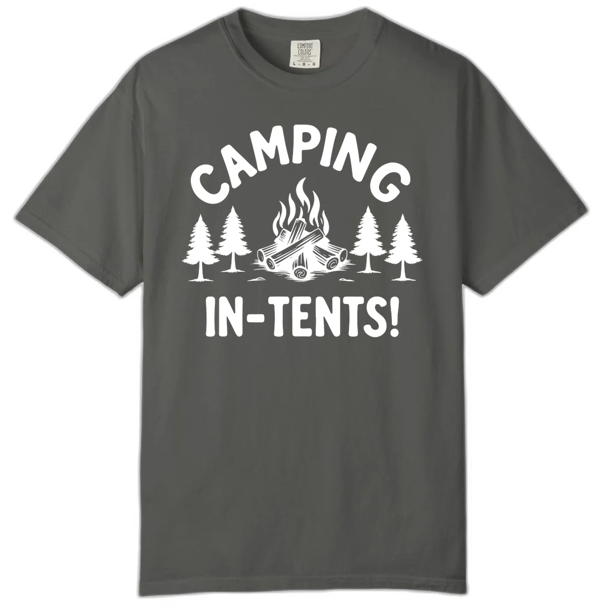 Camping in tents pun design with campfire, logs, and evergreen trees on gray background in Pepper
