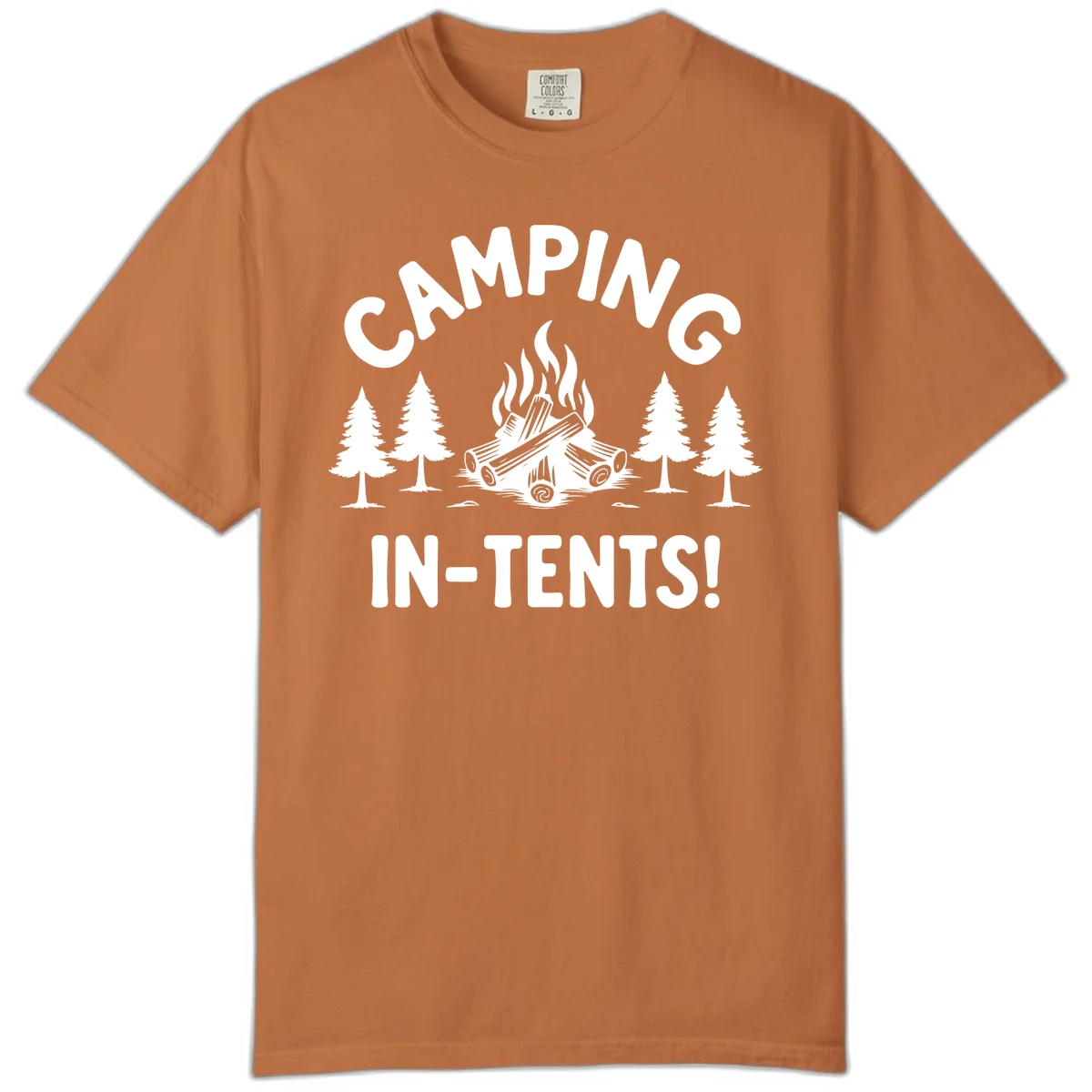 Camping in tents pun design with campfire, logs, and evergreen trees on gray background in Yam