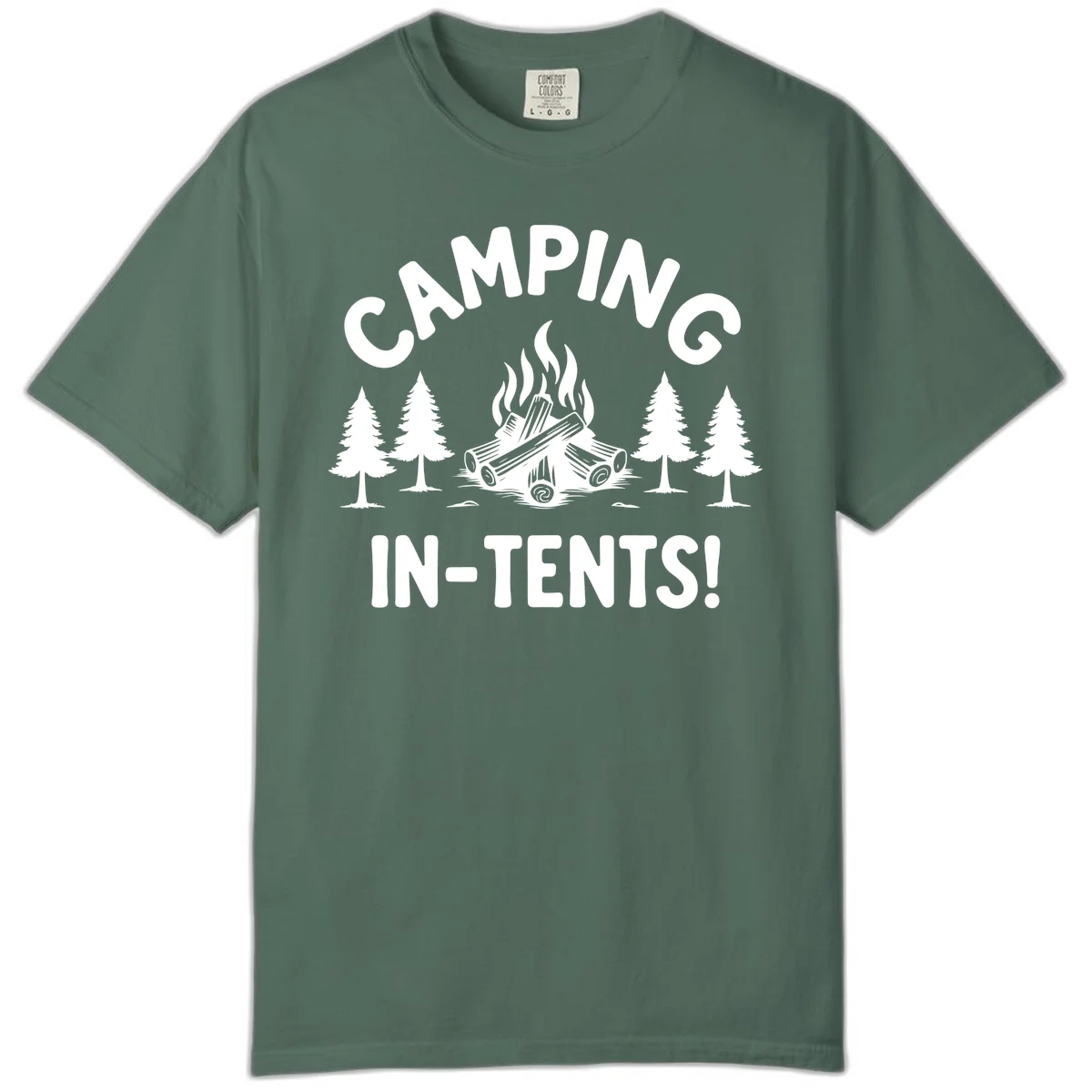 Camping in tents pun design with campfire, logs, and evergreen trees on gray background in Blue Spruce