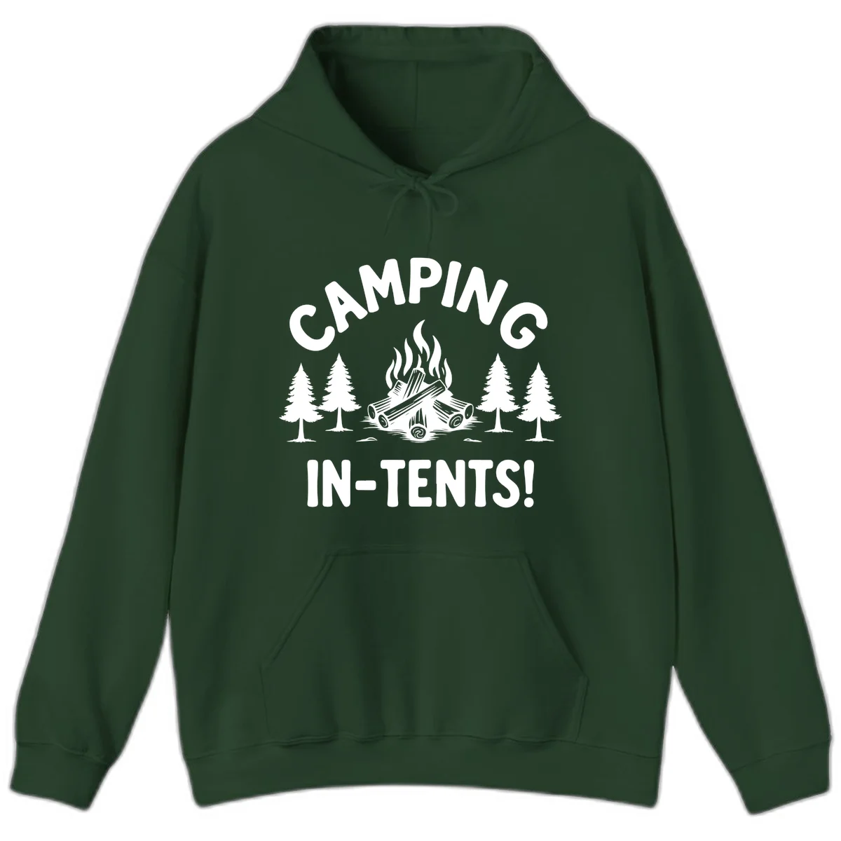 Camping in tents pun design with campfire, logs, and evergreen trees on gray background in Forest Green