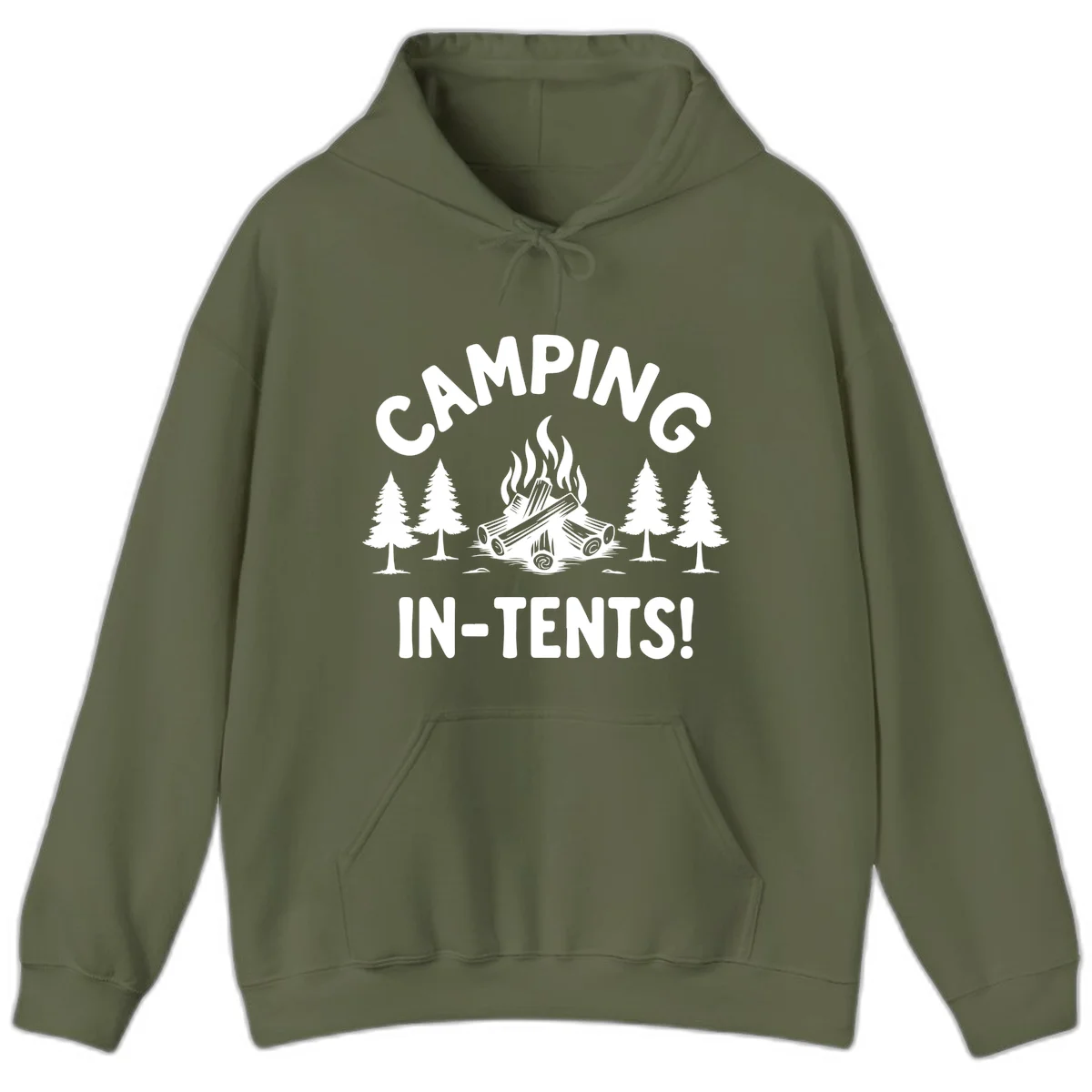 Camping in tents pun design with campfire, logs, and evergreen trees on gray background in Military Green