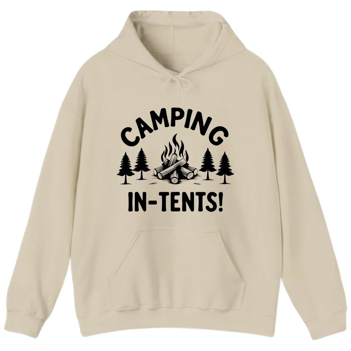 Camping in tents pun design with campfire, logs, and evergreen trees on gray background in Sand