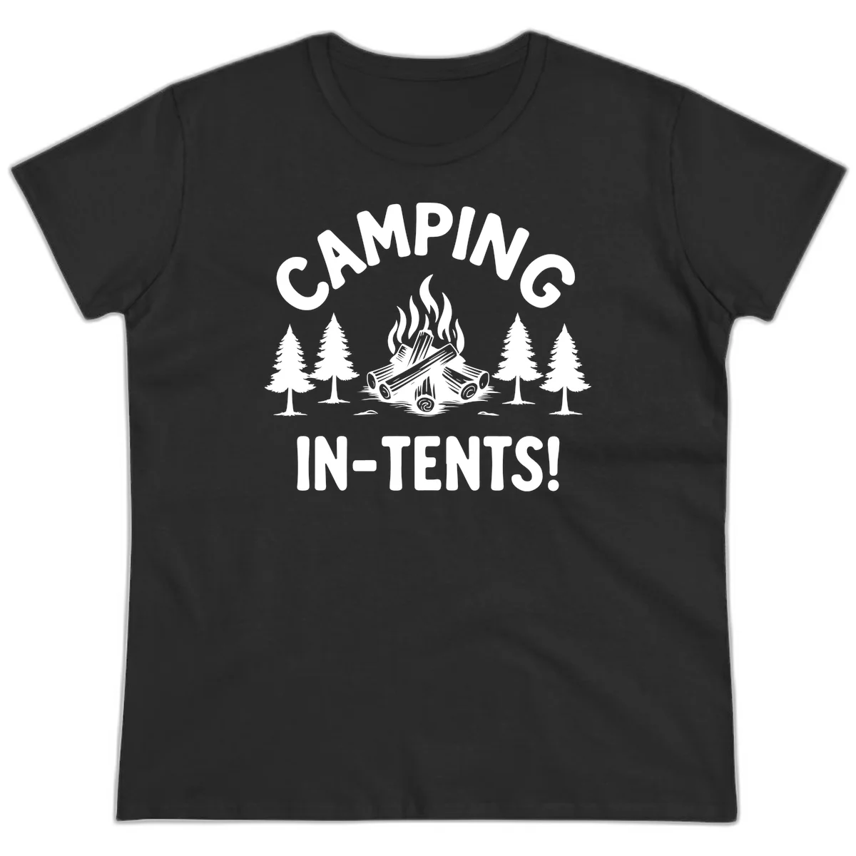 Camping in tents pun design with campfire, logs, and evergreen trees on gray background in Black