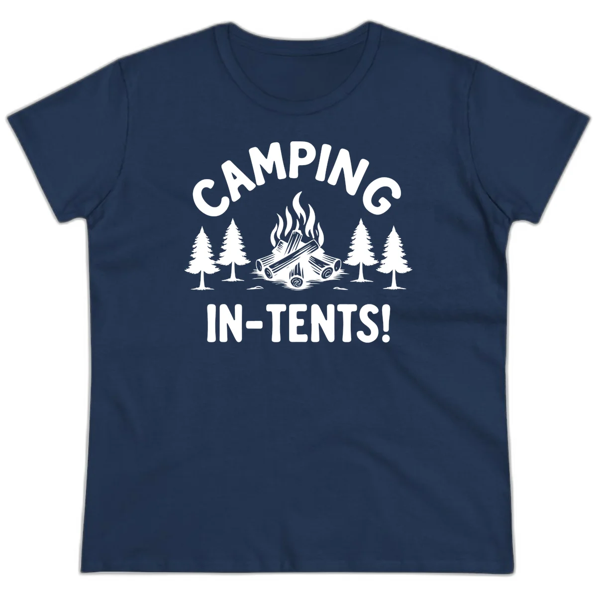Camping in tents pun design with campfire, logs, and evergreen trees on gray background in Navy