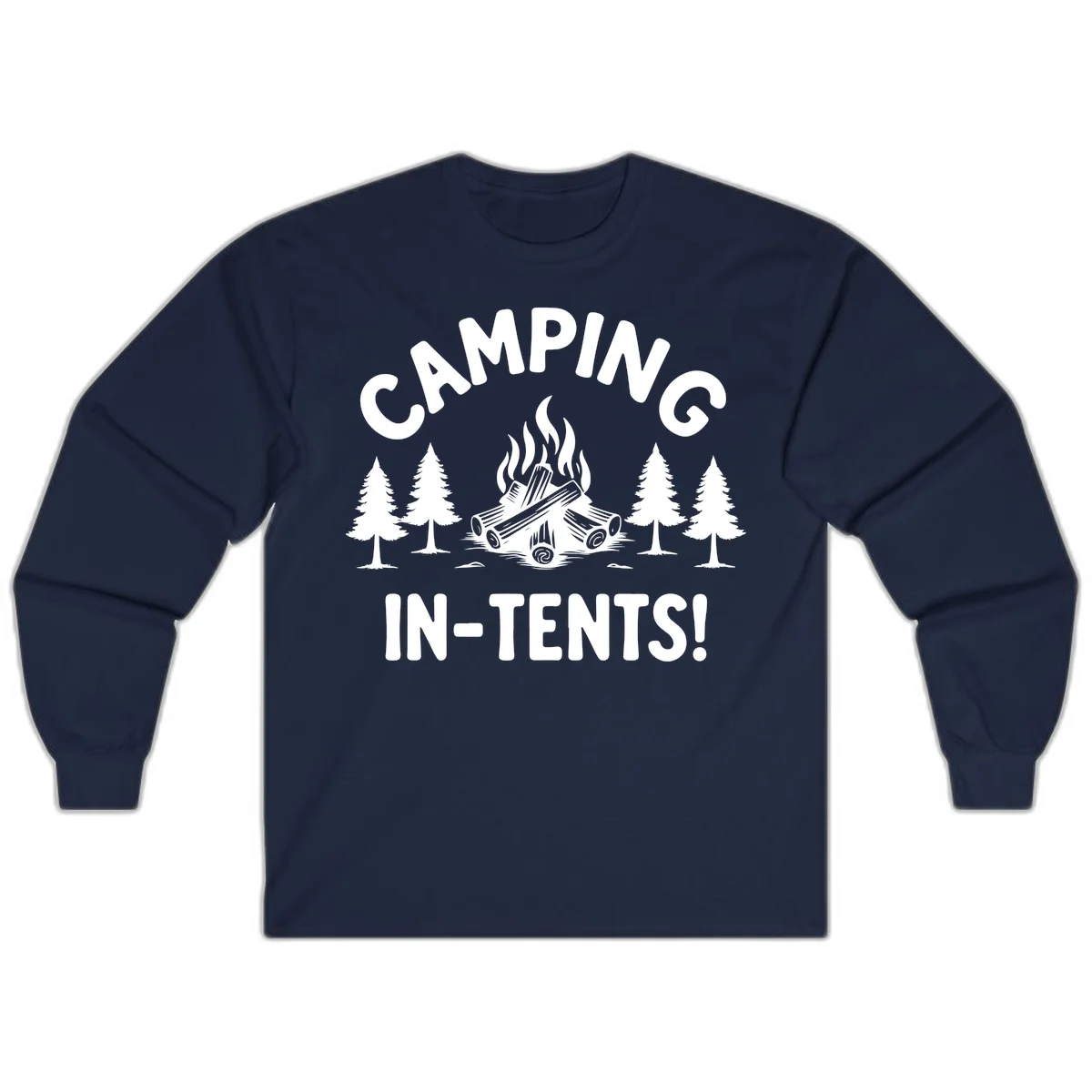 Camping in tents pun design with campfire, logs, and evergreen trees on gray background in Navy