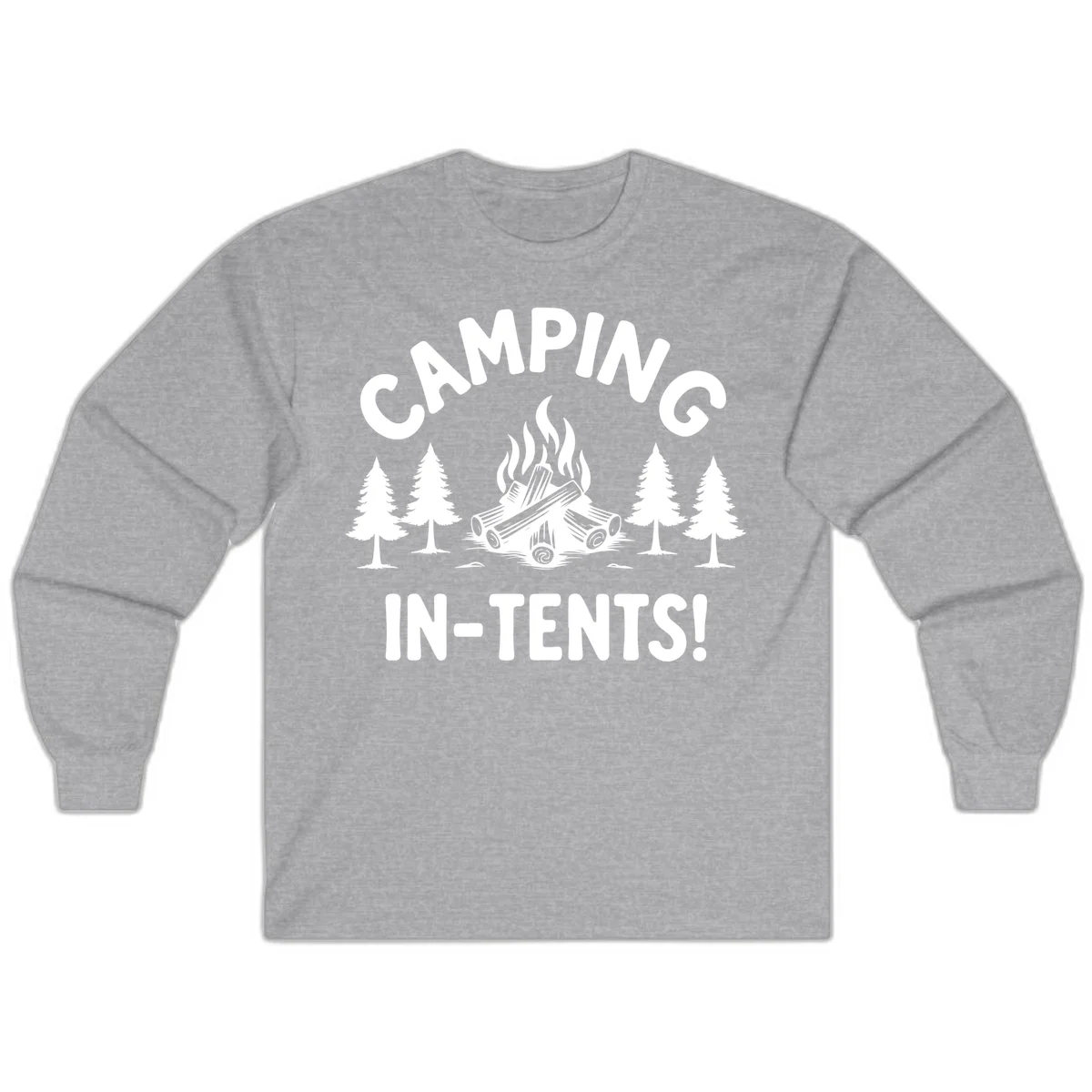 Camping in tents pun design with campfire, logs, and evergreen trees on gray background in Sport Grey
