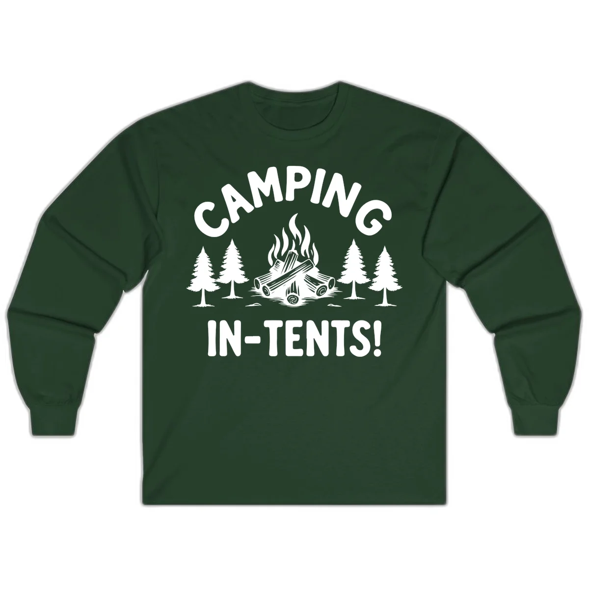 Camping in tents pun design with campfire, logs, and evergreen trees on gray background in Forest Green