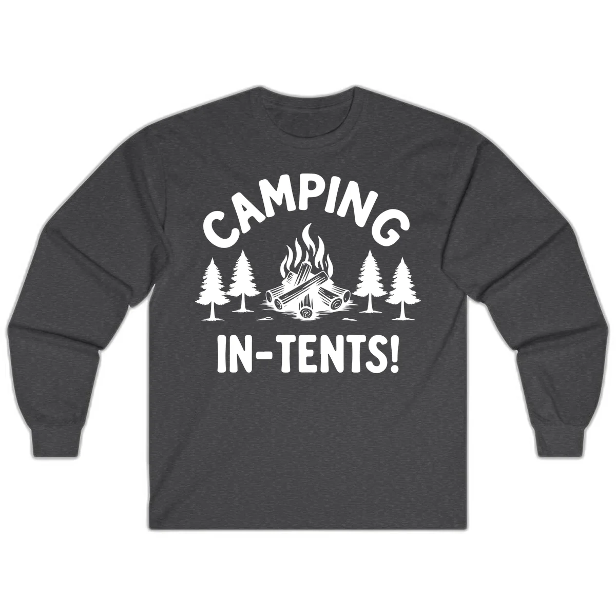Camping in tents pun design with campfire, logs, and evergreen trees on gray background in Dark Heather