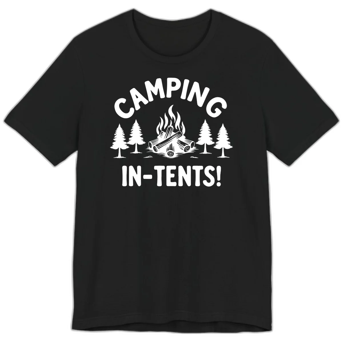 Camping in tents pun design with campfire, logs, and evergreen trees on gray background in Black