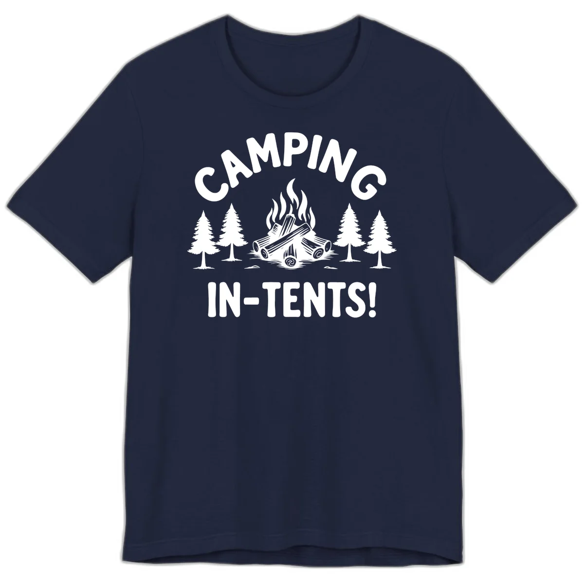 Camping in tents pun design with campfire, logs, and evergreen trees on gray background in Navy