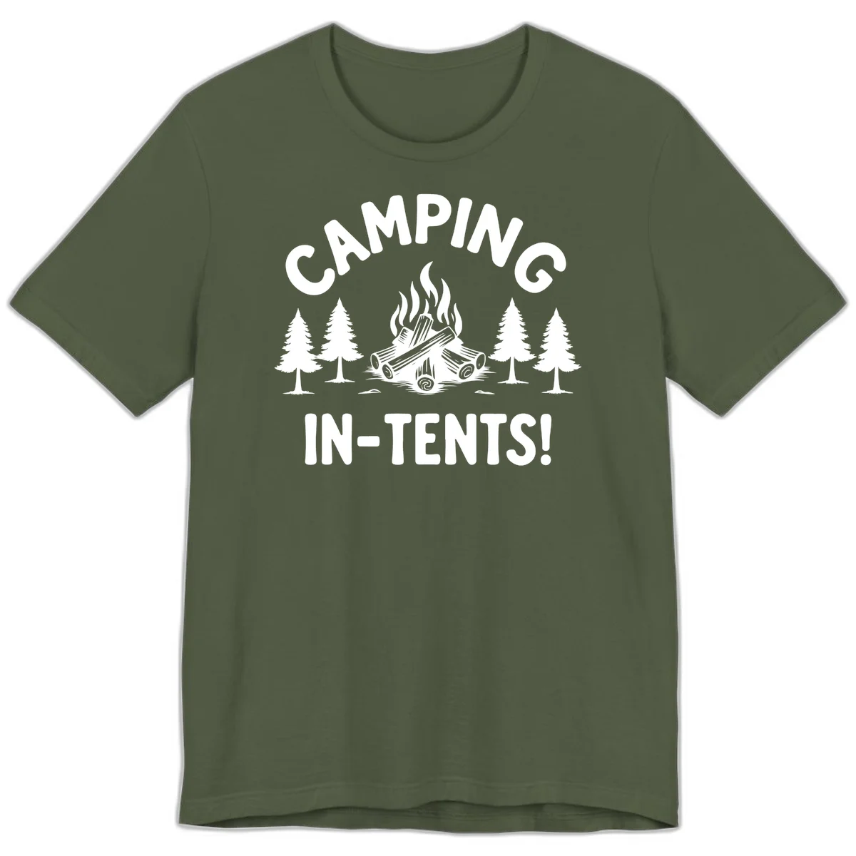Camping in tents pun design with campfire, logs, and evergreen trees on gray background in Military Green