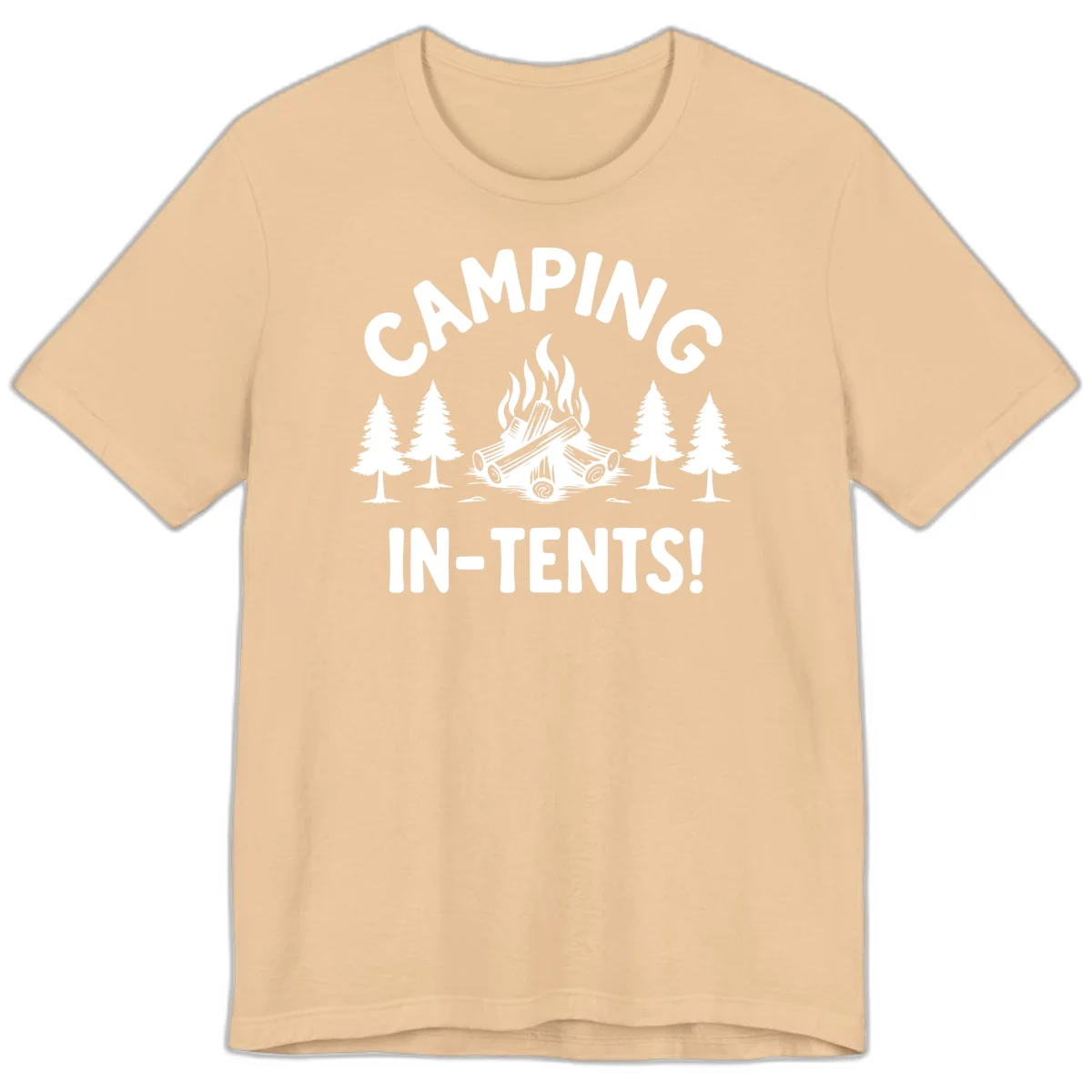 Camping in tents pun design with campfire, logs, and evergreen trees on gray background in Sand Dune