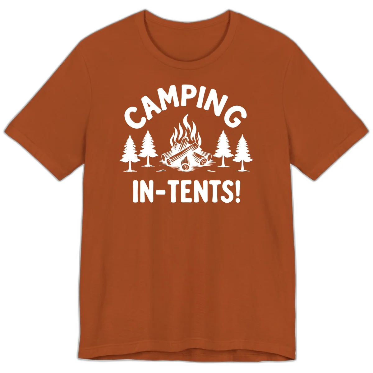 Camping in tents pun design with campfire, logs, and evergreen trees on gray background in Autumn