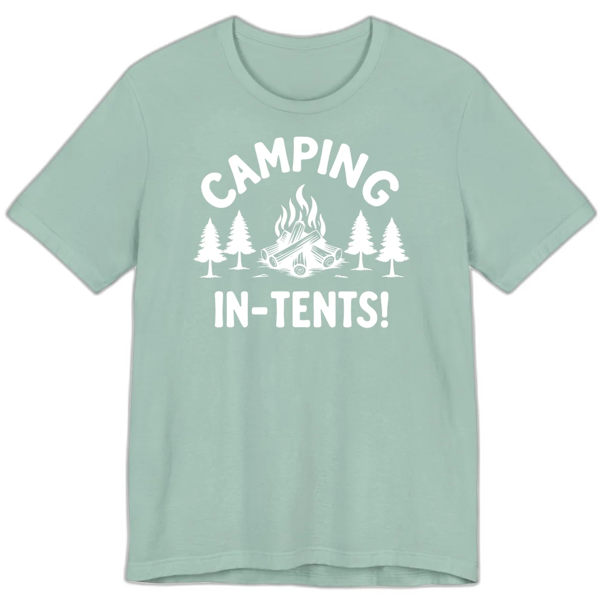 Camping in tents pun design with campfire, logs, and evergreen trees on gray background in Dusty Blue