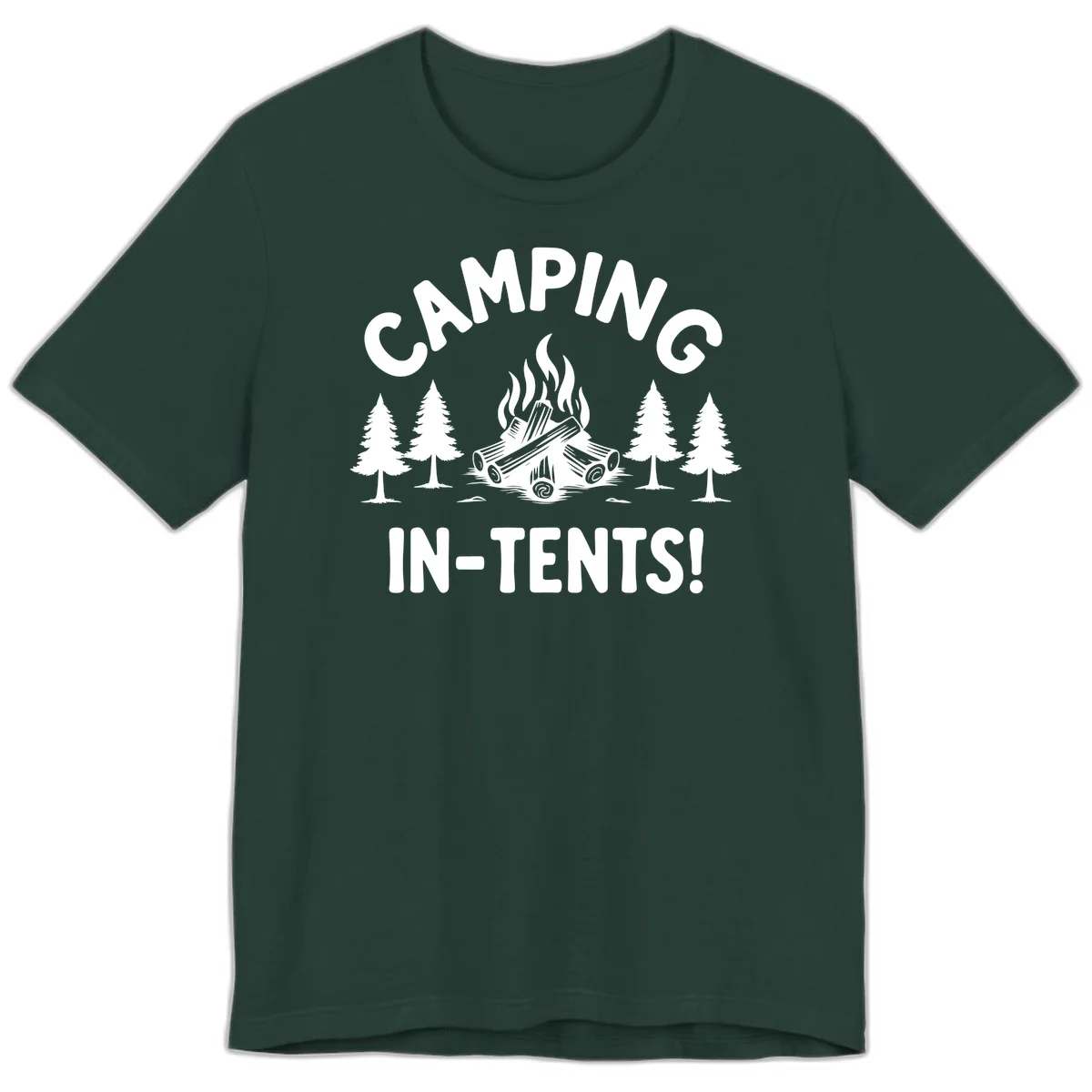 Camping in tents pun design with campfire, logs, and evergreen trees on gray background in Forest