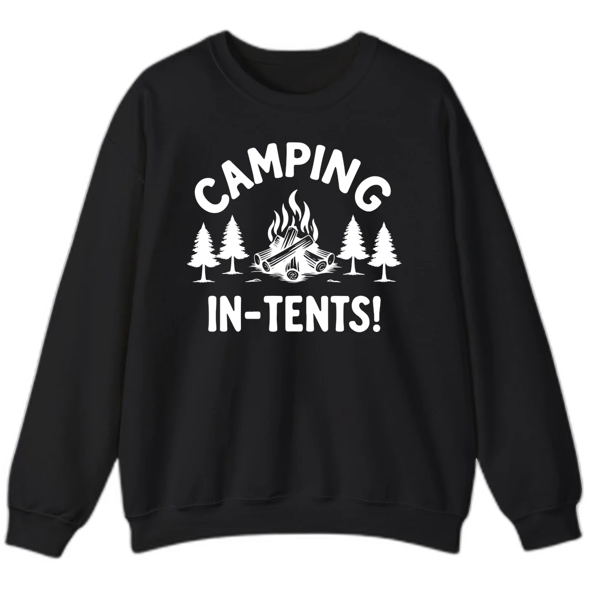 Camping in tents pun design with campfire, logs, and evergreen trees on gray background in Black