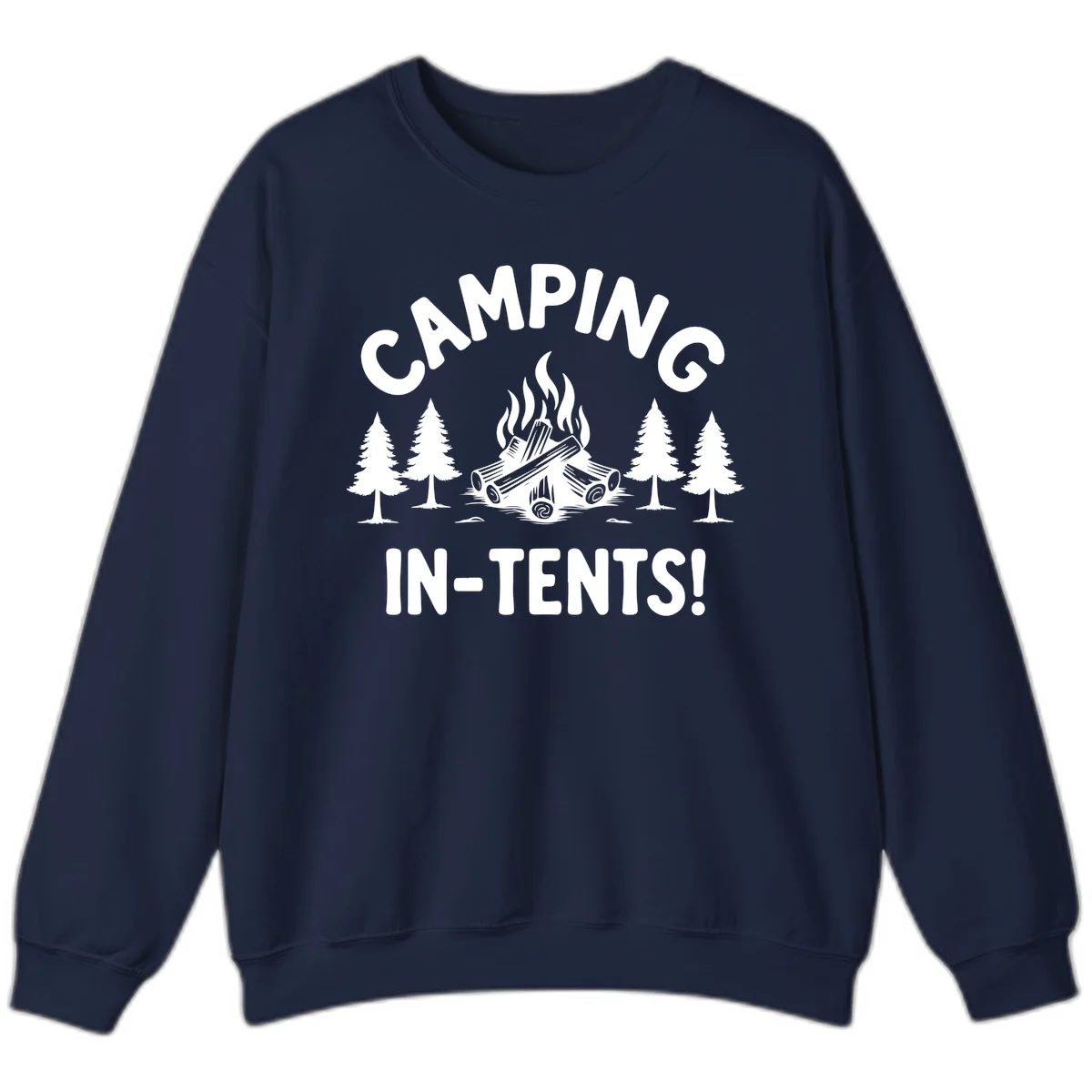 Camping in tents pun design with campfire, logs, and evergreen trees on gray background in Navy