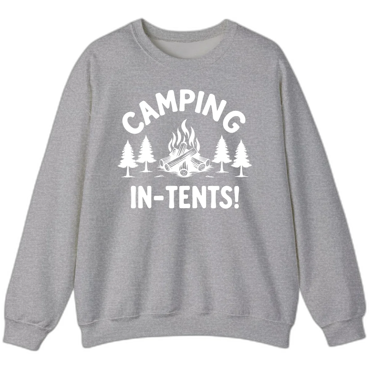 Camping in tents pun design with campfire, logs, and evergreen trees on gray background in Sport Grey