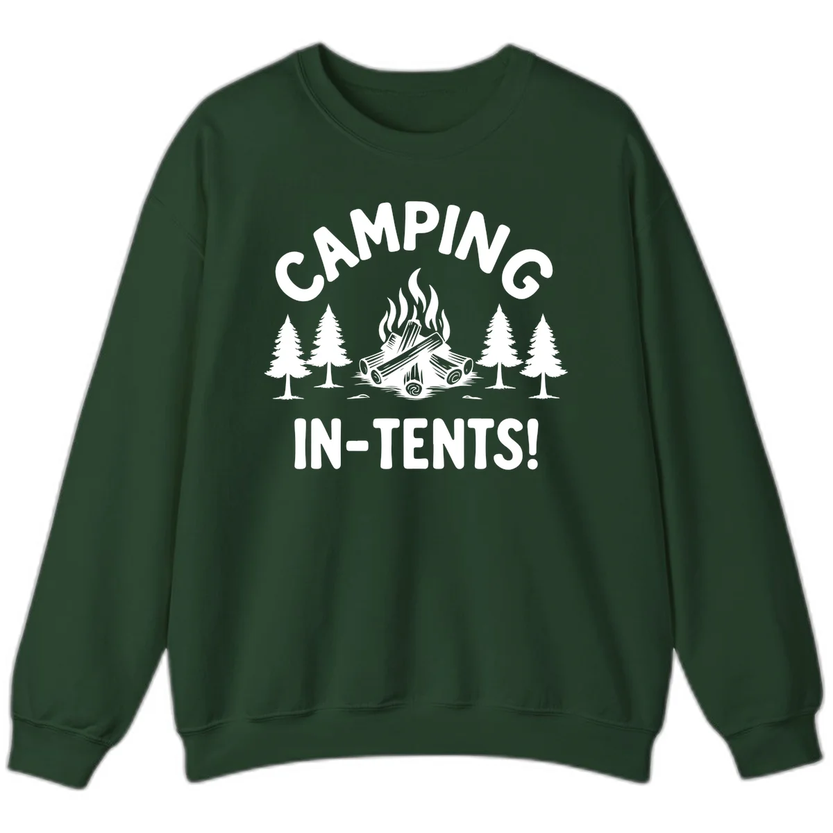 Camping in tents pun design with campfire, logs, and evergreen trees on gray background in Forest Green