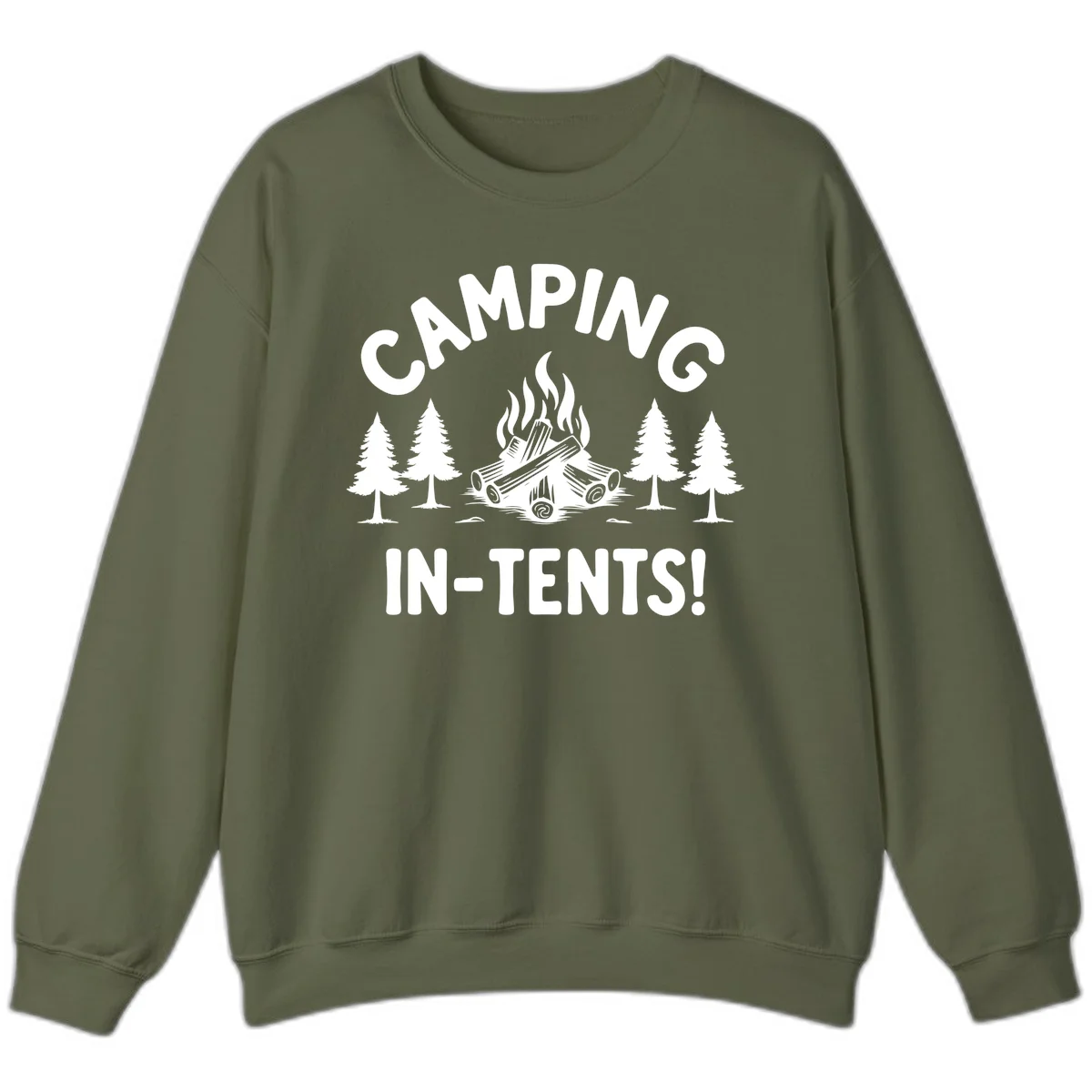 Camping in tents pun design with campfire, logs, and evergreen trees on gray background in Military Green
