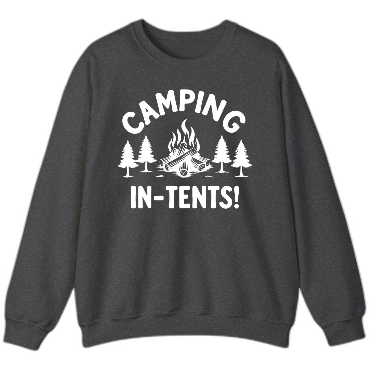 Camping in tents pun design with campfire, logs, and evergreen trees on gray background in Dark Heather